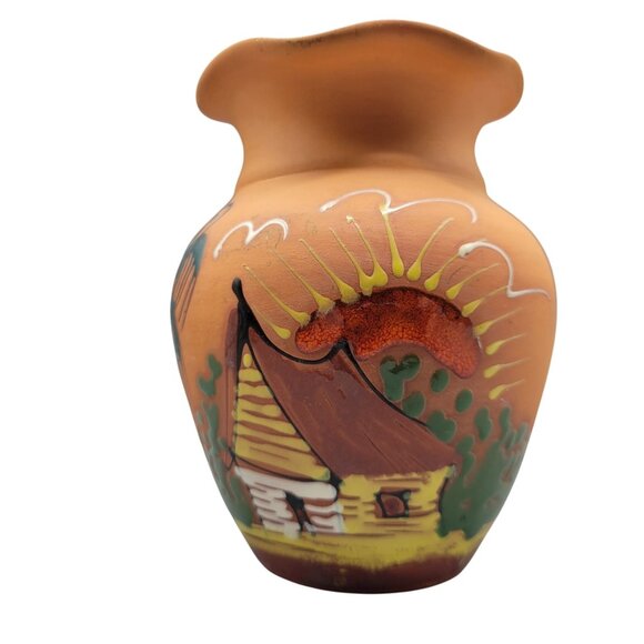Other - Vintage Hand Painted Terracotta Vase Scenic Design Flared Rim Signed Punta Cana